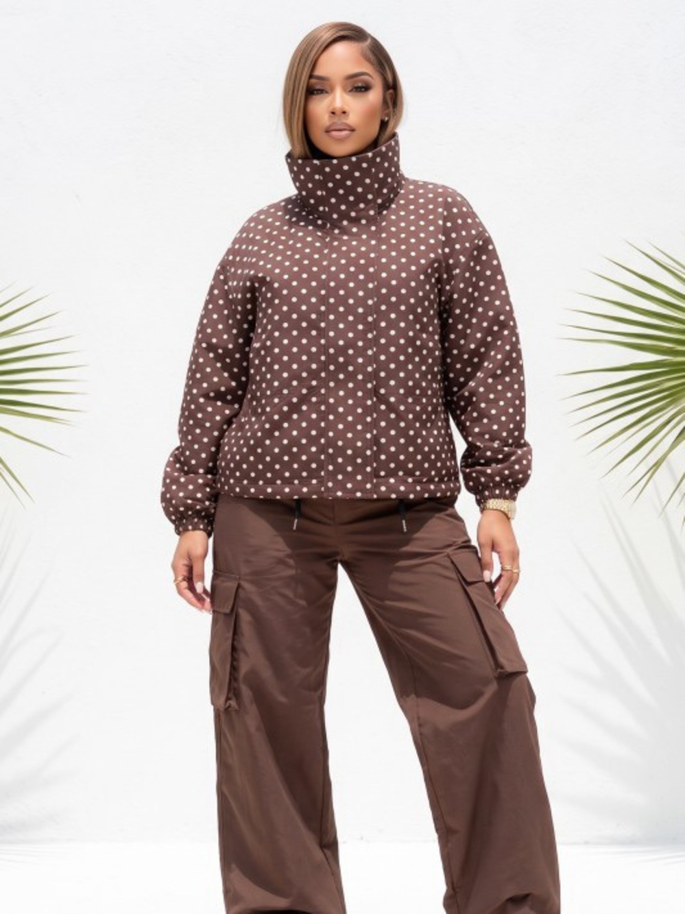 Polka Dot Brown Funnel Neck Jacket J-73198